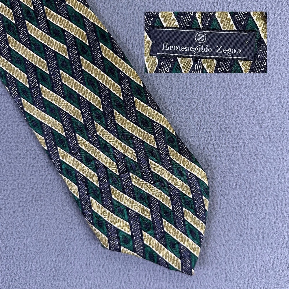Ermenegildo Zegna Tie Green Chevron Interlock Silk Italy Quiet Luxury Business